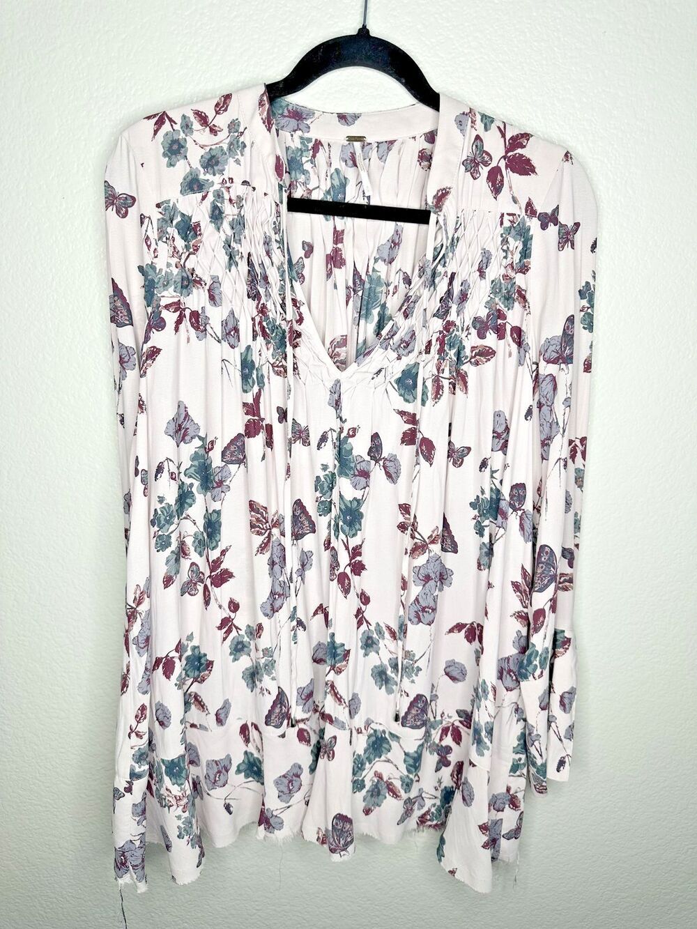 Free People Dress Womens Small Boho Peasant Smocked Long Sleeve Butterfly Pink